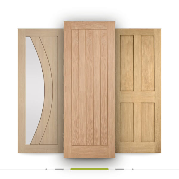 Graphic Three light oak wood interior doors shown side by side on a white background: a decorative door with a curved glass panel, a central door with vertical paneling, and a classic six-panel door.